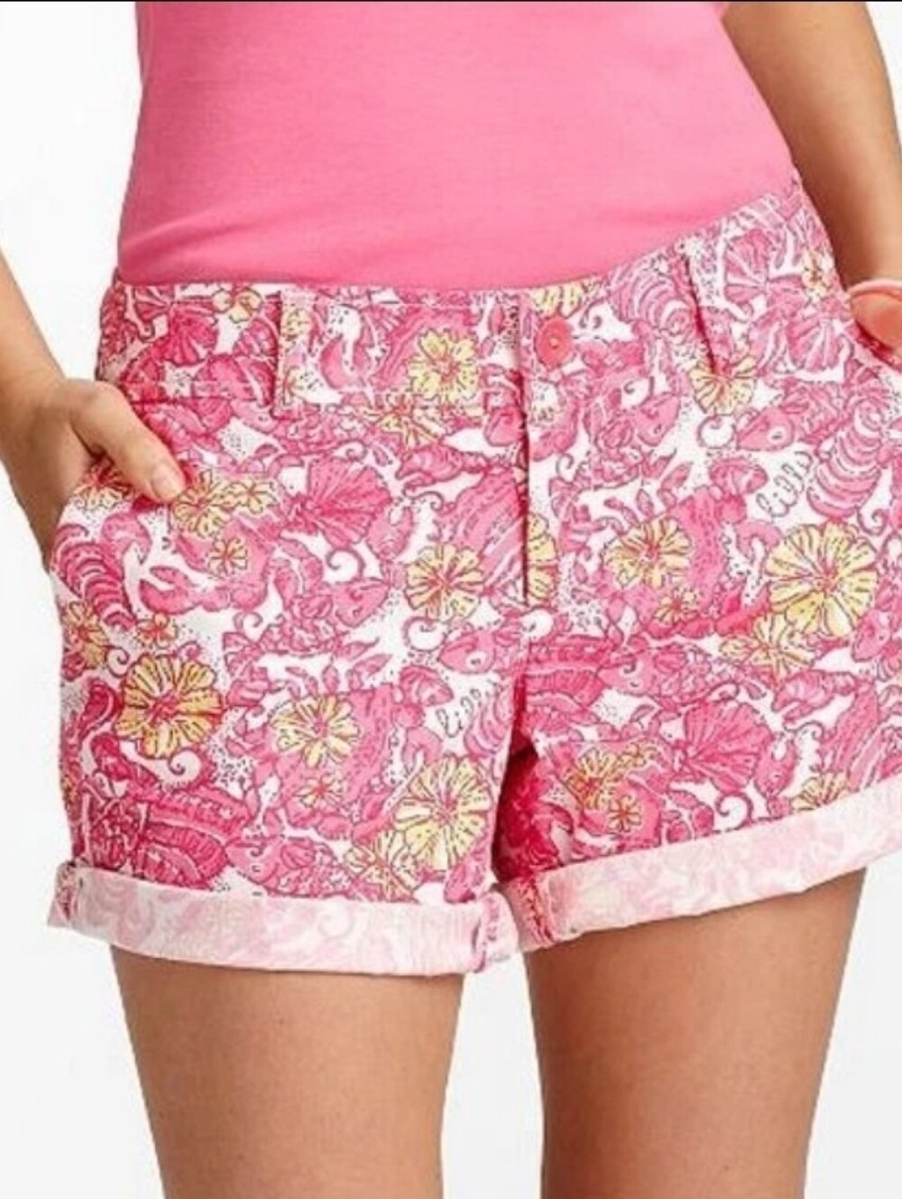 Lilly Pulitzer Grace Resort White Pink Chum Bucket Rolled Hem Shorts Size 8